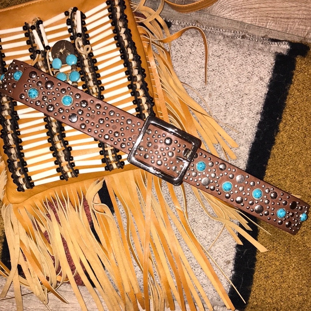 Studded Brown Leather Belt with Turquoise Accents